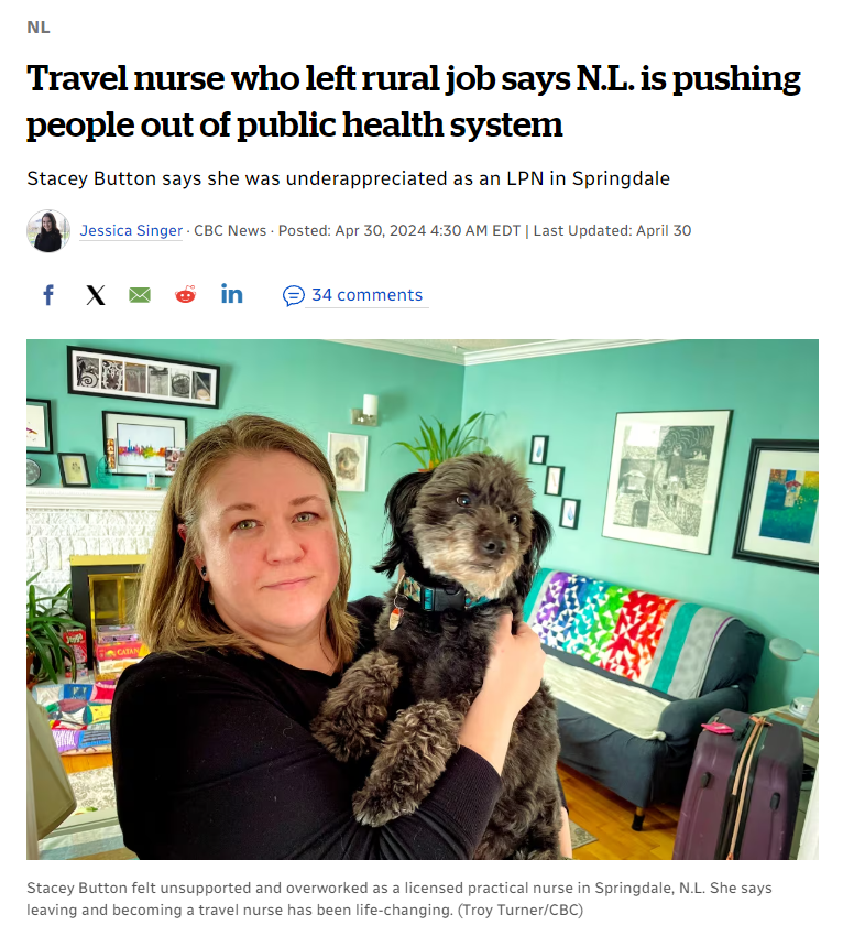 In this article, LPN Sarah Button shares why she left her full-time nursing job for a private staffing agency. Governments need to support nurses within the public health system or risk worsening the #NursingShortage. cbc.ca/news/canada/ne… #cdnhealth #cdnpoli #canlab