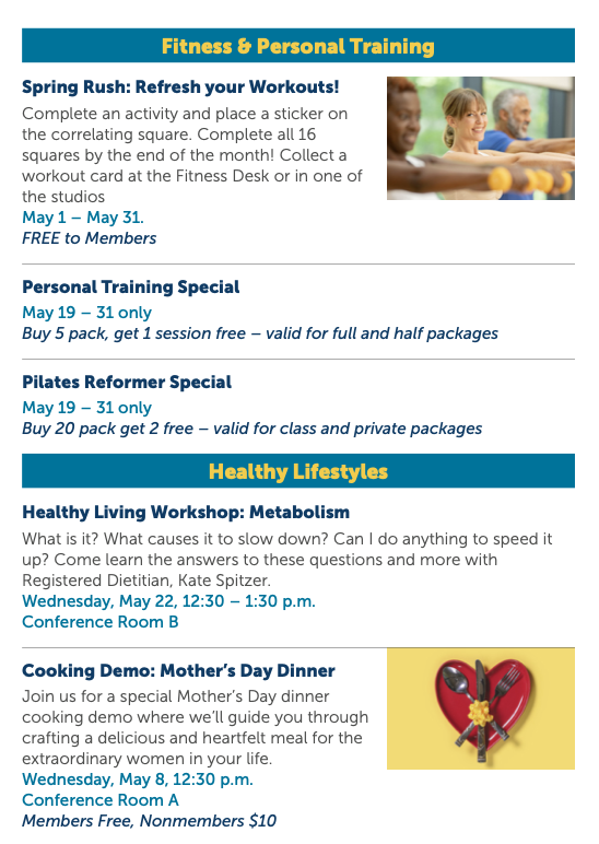 Get busy on your healthy habits this spring at the TriHealth Fitness & Health Pavilion! From exercise and training classes, to cooking demos to impress mom on Mother's Day, May is packed with fun activities that fit right in with an active lifestyle! bit.ly/3Qjb0YG