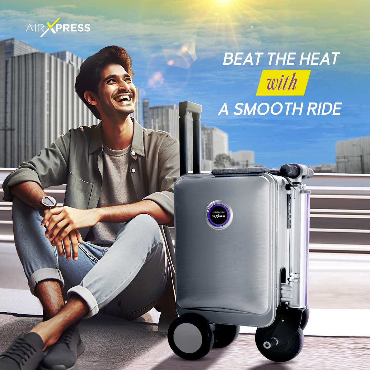 Beat the summer heat with the AirXpress Smart Riding Scooter! Travel becomes a breeze even on the hottest days. Slide into your summer adventures with AirXpress! #AirXpress #TravelWithAirXpress #Suitcase #Trolleybag #AirXpressByGoldmedal #Goldmedal #GoldmedalIndia #BeatTheHeat