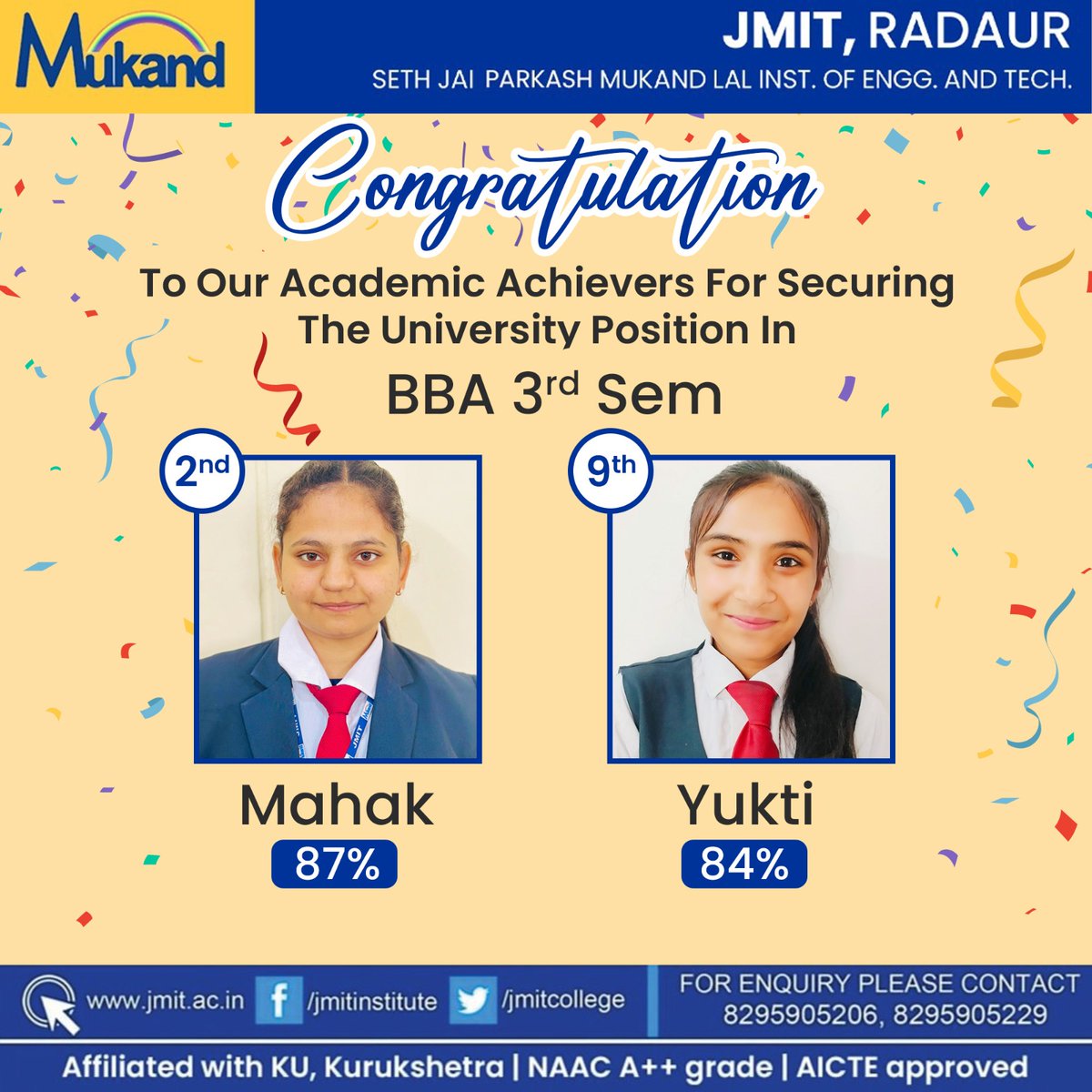 Cheers to Ms.Mahak and Ms.Yukti for their stellar achievements in securing 2nd and 9th positions respectively in the 3rd semester of BBA with outstanding scores! Here's to wishing them continued success and luck on their academic journey ahead! 

 #AcademicAchievement #BBAStars