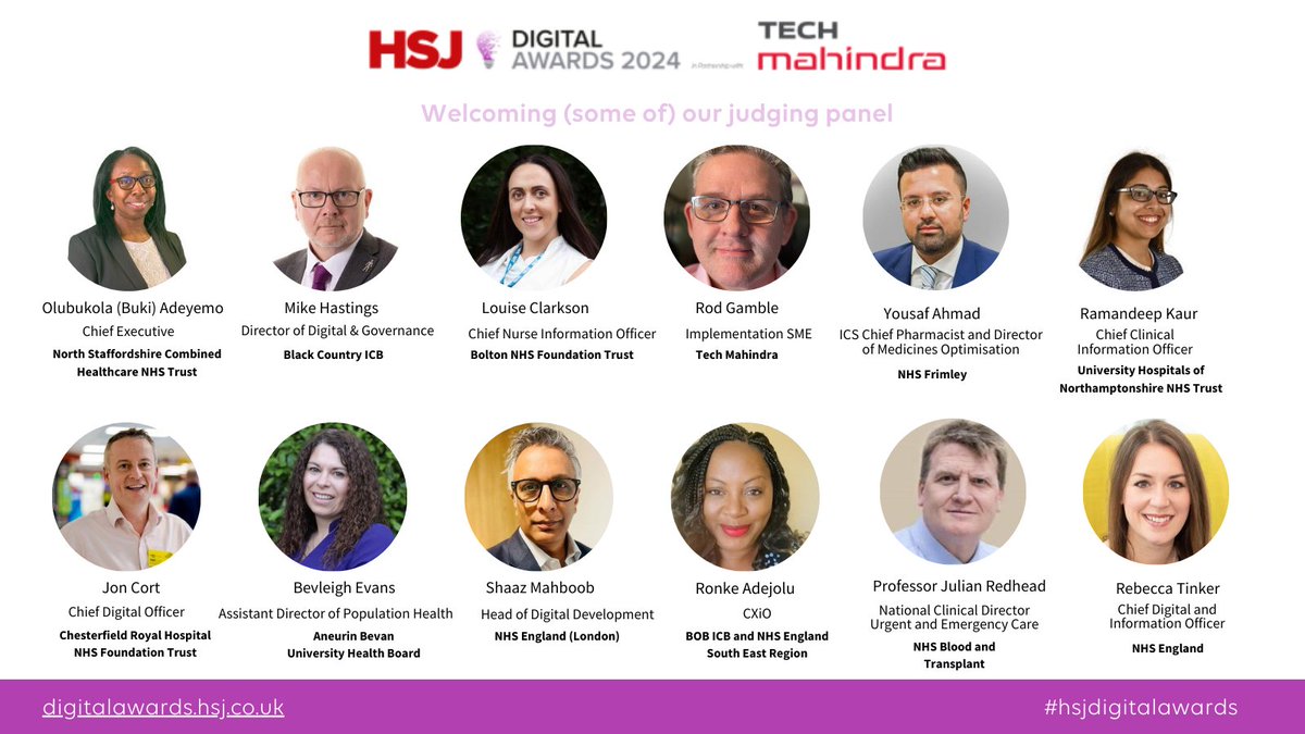 HSJ Awards (@hsj_awards) on Twitter photo It's #HSJDigitalAwards judging week and we'd like to introduce just a few of our expert judges.
See all our judges here: digitalawards.hsj.co.uk/judges-list
<a href="/tech_mahindra/">Tech Mahindra</a> <a href="/TheHCIGroup/">The HCI Group</a> It's #HSJDigitalAwards judging week and we'd like to introduce just a few of our expert judges.
See all our judges here: digitalawards.hsj.co.uk/judges-list
<a href="/tech_mahindra/">Tech Mahindra</a> <a href="/TheHCIGroup/">The HCI Group</a>