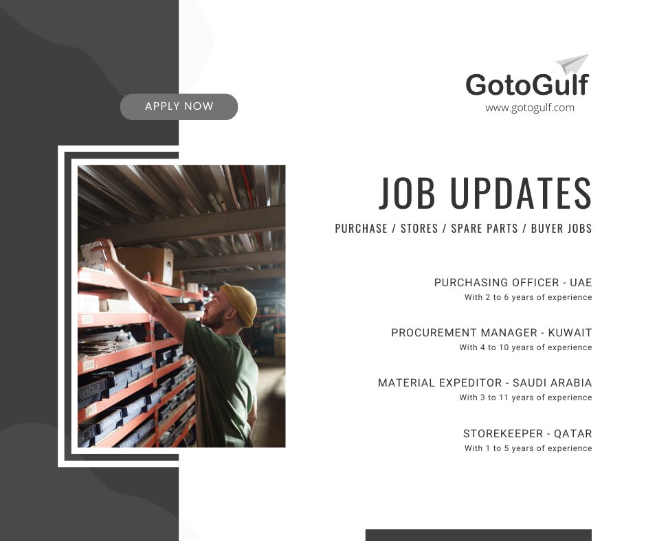 Click on the below link to apply for the job vacancies,
gotogulf.com/PublicSearchVi…

#gotogulf #jobs #middleeast #jobseeker #recruitment #purchase #store #sparepart #buyer #purchasing #officer #procurement #manager #material #expeditor #storekeeper #kuwait #qatar #saudiarabia #uae