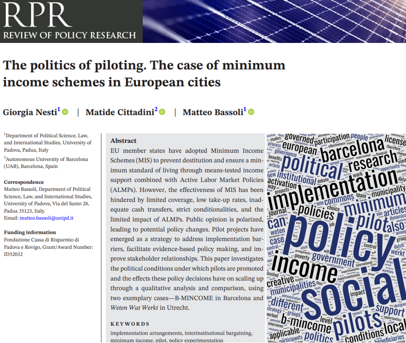 New in RPR! @GiorgiaNesti M Cittadini and @MatteoBassoli investigate the politics of piloting Minimum Income Schemes, focusing on the B-MINCOME project in Barcelona and Weten Wat Werkt in Utrecht. @wileypolitics @PolicyStudies @STEP_APSA onlinelibrary.wiley.com/doi/10.1111/ro…