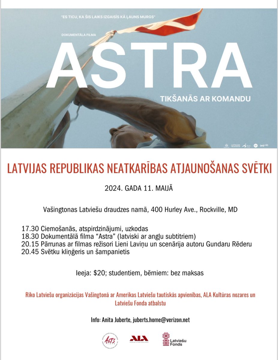 Latviešu organizācijas Vašingtonā (LOV) aicina atzīmēt Latvijas Republikas neatkarības atjaunošanas svētkus! 🇱🇻 📅 11.maijā, plkst. 17.30. 📍Vašingtonas Latviešu draudzes namā. 🎟️ Ieeja $20; studentiem un bērniem bezmaksas