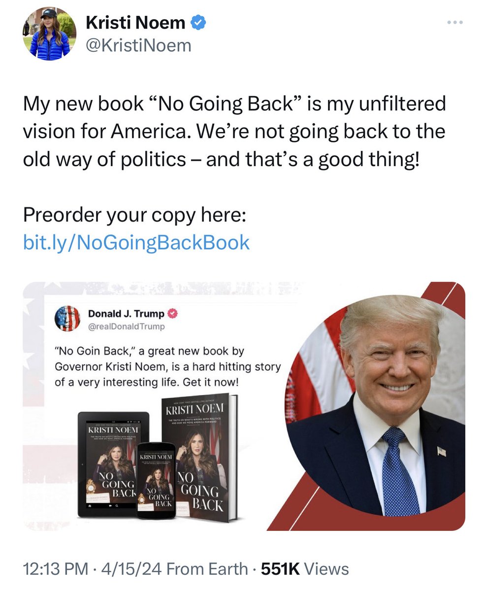 Kristi Noem is using Trump’s image to promote her new book, the book in which she tells of shooting her puppy and her pet goat. #RIPCricket