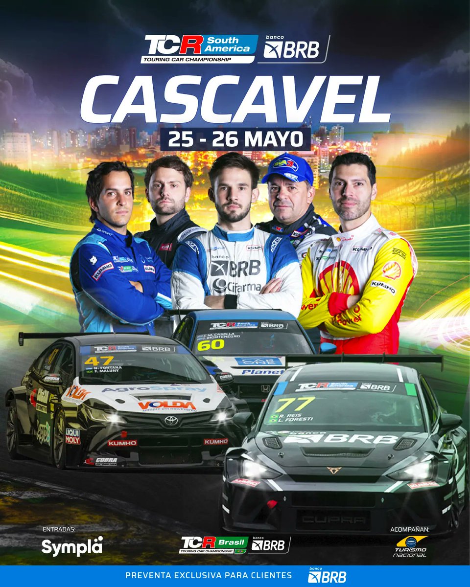 💥Pre Venta Exclusiva clientes BRB 
📆 25 | 26 de mayo.
📍 Cascavel, Paraná 🇧🇷
👉🏻 bit.ly/3y9oGzK

🦾 Acompaña en esta fecha Turismo Nacional Brasileiro.

#TCRSouthAmericaBRB
#TCRBrasilBRB
#TCRSeries 
#TCRCascavel
@sympla 
@tcr_brasil 
@turismonacionalbr