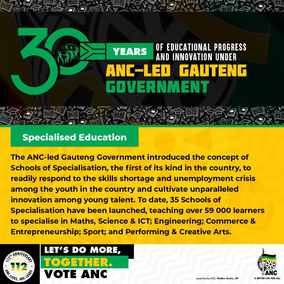 𝗦𝗣𝗘𝗖𝗜𝗔𝗟𝗜𝗦𝗘𝗗 𝗘𝗗𝗨𝗖𝗔𝗧𝗜𝗢𝗡 35 Schools of Specialisation teach over 59 000 learners specialised skills, addressing the skills shortage and fostering innovation among youth. #LetsDoMoreTogether #VoteANC