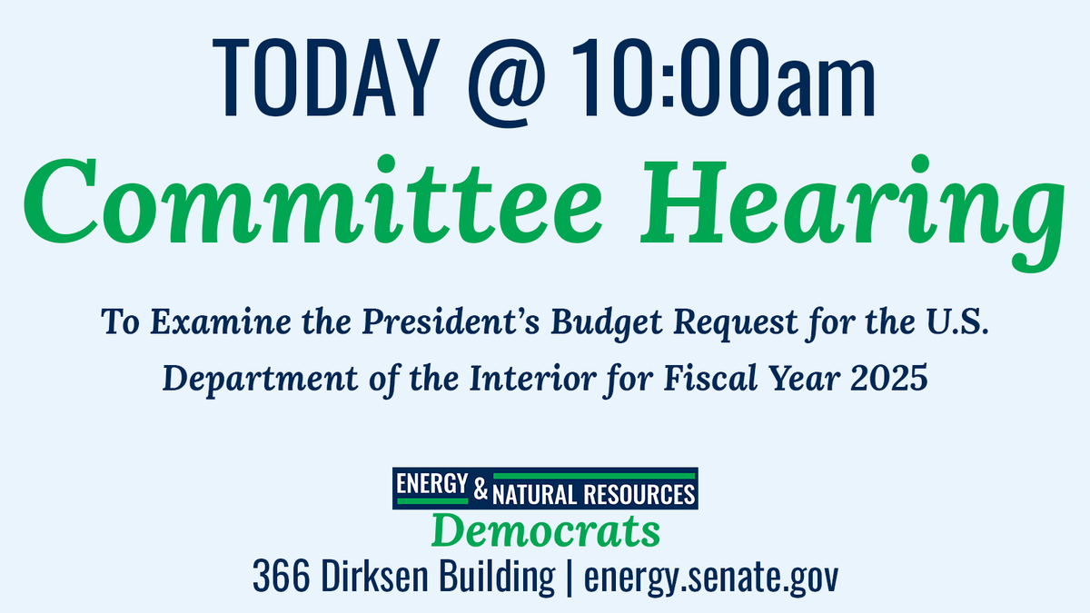 TODAY: At 10:00AM Chairman @Sen_JoeManchin and @EnergyDems will receive testimony from @SecDebHaaland regarding the President’s budget request for @Interior for Fiscal Year 2025. More: energy.senate.gov/hearings/2024/…