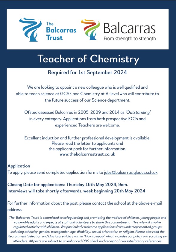 We are looking to appoint a Chemistry Teacher to join our high achieving Science department. All the information can be found on the Balcarras Trust website thebalcarrastrust.co.uk/page/?title=Va…