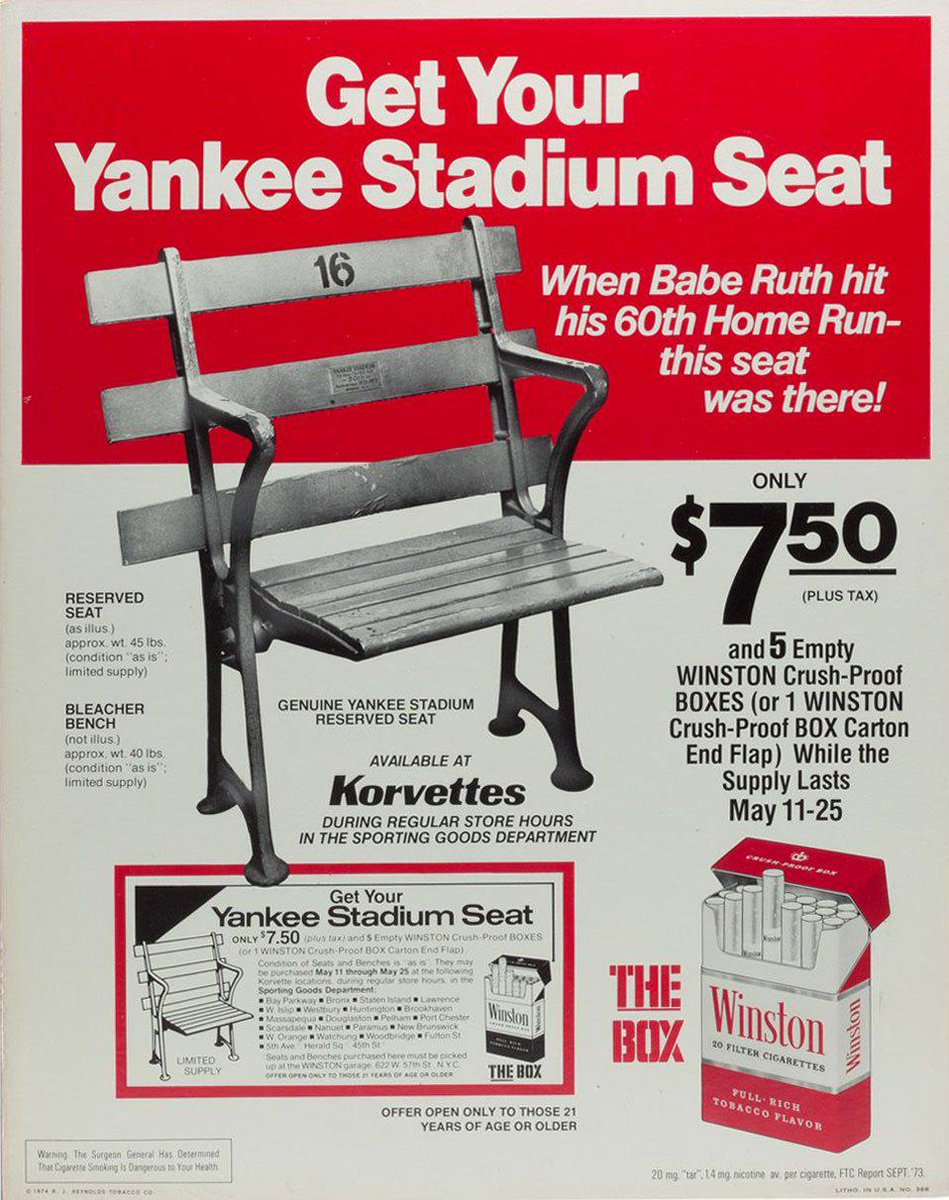 WARNING: The Surgeon General Has Determined That Cigarette Smoking Can Be Awesome For Your Man Cave. 1973 Winston ad offering seats from Yankee Stadium.