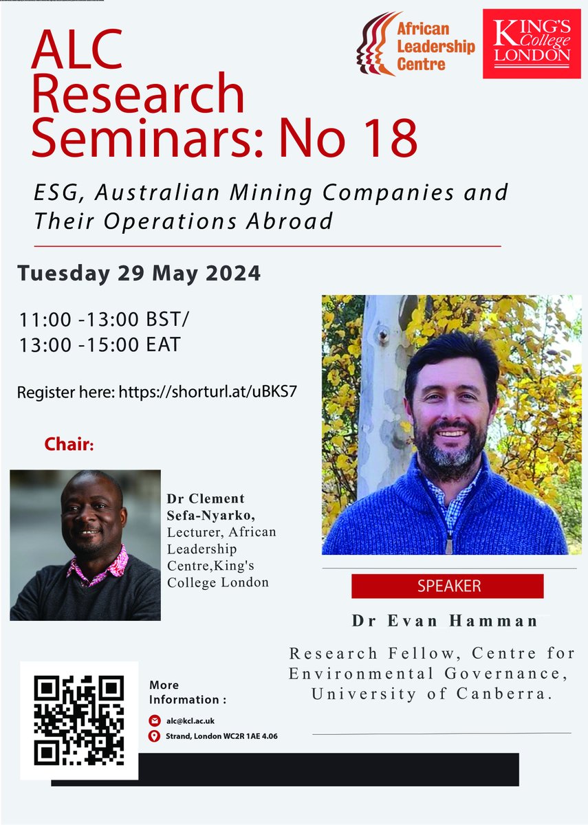 Join @ALC_KCL research seminar (HYBRID) on May 29, 2024, where Dr Evan Hamman will discuss 'ESG, Australian Mining Companies,and Their Operations Abroad.' Attend the seminar in person at Bush House, King's College London, or virtually via Zoom. 🔗 kcl.ac.uk/events/esg-aus…