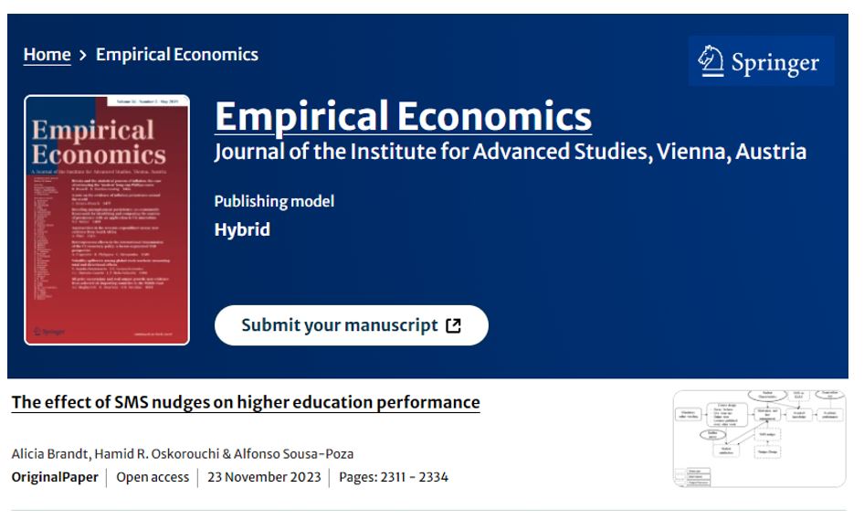 🔓 You have full access to this open access article from Empirical Economics: The effect of SMS nudges on higher education performance by Alicia Brandt, Hamid R. Oskorouchi & Alfonso Sousa-Poza doi.org/10.1007/s00181… @IHS_Vienna