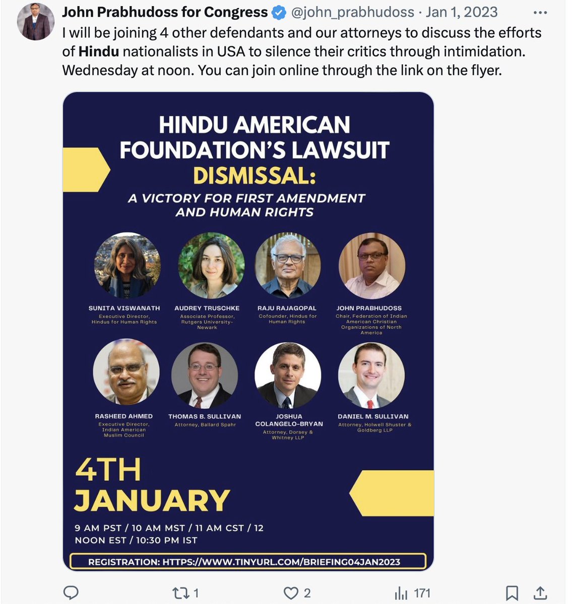 In 2002, John Prabhudoss with Republican Congressmen, Joe Pitts and Frank Wolf came to Gujarat. They were acompined by Raju Rajagopal co-founded Hindus for Human Rights with Sunita Viswanath. 5/5