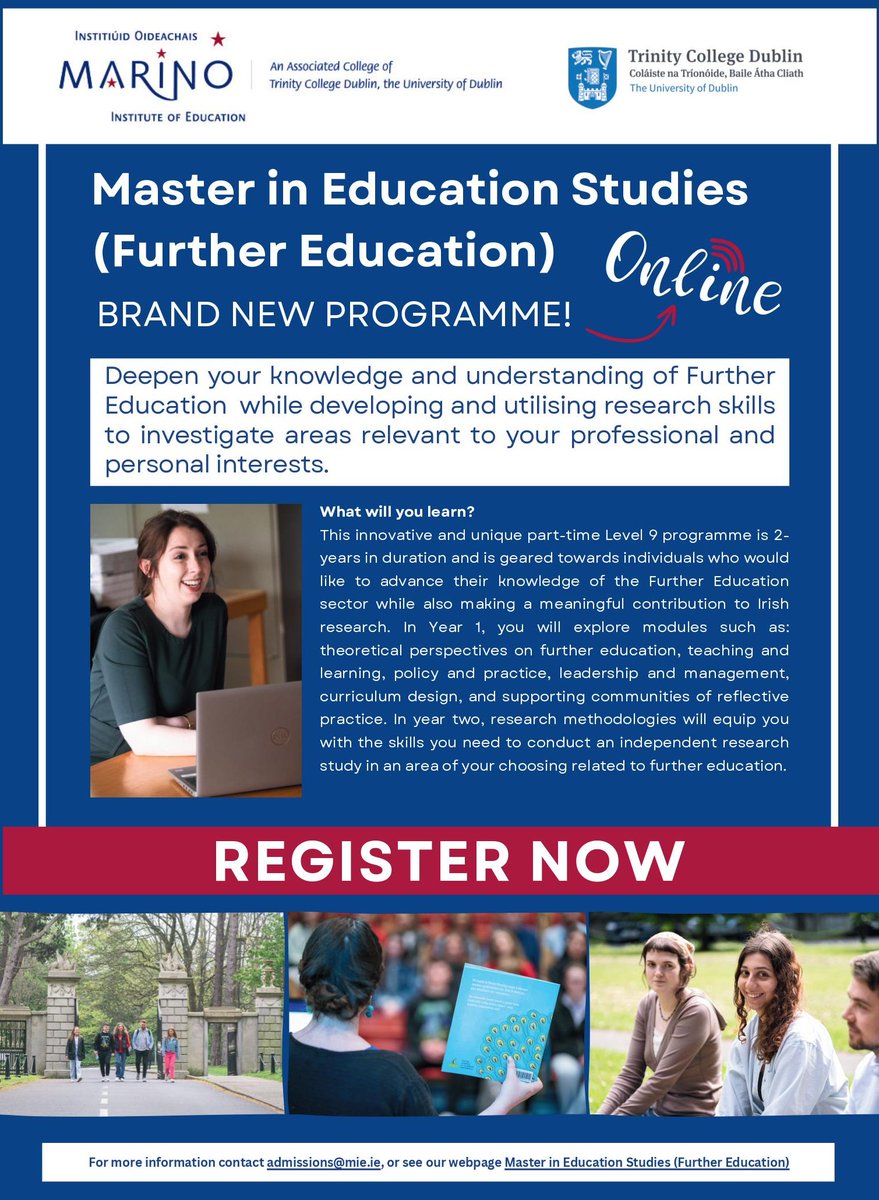 NEWLY LAUNCHED - Our brand new Master in Education Studies (Further Education) has launched for the 2024/2025 academic year. This fully online course is not to be missed! Apply today! For more information or to apply see here: mie.ie/en/study_with_…