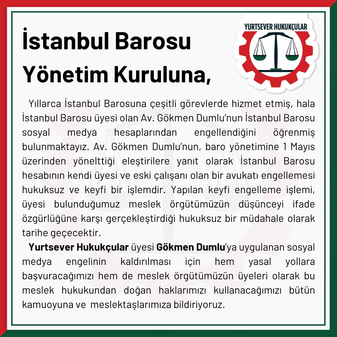 İstanbul Barosu(@istbarosu) Yönetim Kuruluna meslek onurunu ve hukuku hiçe sayan engelleme işleminden dönmeleri için çağrı yapıyoruz.