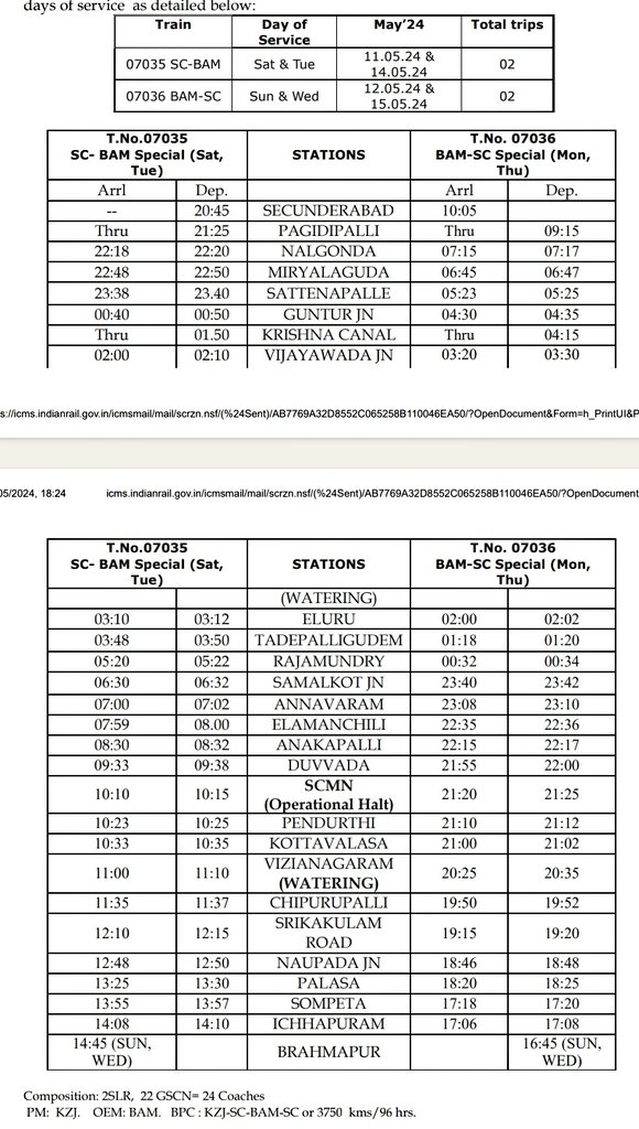 In order to clear the extra rush of passengers during #Summer Special Trains between SECUNDERABAD - BRAHMAPUR