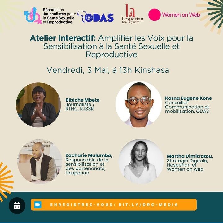 Rejoignez-nous pour << amplifier les voix pour la sensibilisation à la SSR », се Vendredi, 3 mai à 13h Kinshasa.
✔ Pour participer, cliquez sur ce lien : bit.ly/drc-media

#SantéSexuelle #WomenonWeb

@CentreOdas @RJSSRCONGO @Hesperian