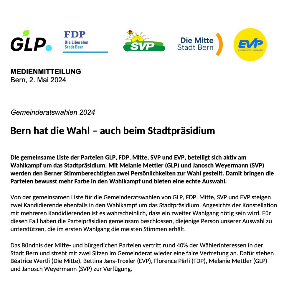 Bern hat die Wahl - auch beim Stadtpräsidium @glp_bern @fdp_stadtbern @MitteStadtBern #WahlBern24