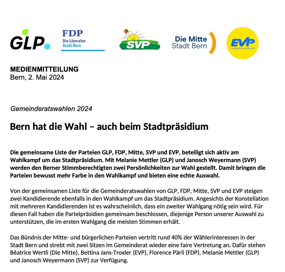 SVP Stadt Bern (@svp_stadt_bern) on Twitter photo Bern hat die Wahl - auch beim Stadtpräsidium <a href="/glp_bern/">Grünliberale Stadt Bern</a> <a href="/fdp_stadtbern/">FDP Stadt Bern</a> <a href="/MitteStadtBern/">Die Mitte Stadt Bern</a> #WahlBern24 Bern hat die Wahl - auch beim Stadtpräsidium <a href="/glp_bern/">Grünliberale Stadt Bern</a> <a href="/fdp_stadtbern/">FDP Stadt Bern</a> <a href="/MitteStadtBern/">Die Mitte Stadt Bern</a> #WahlBern24