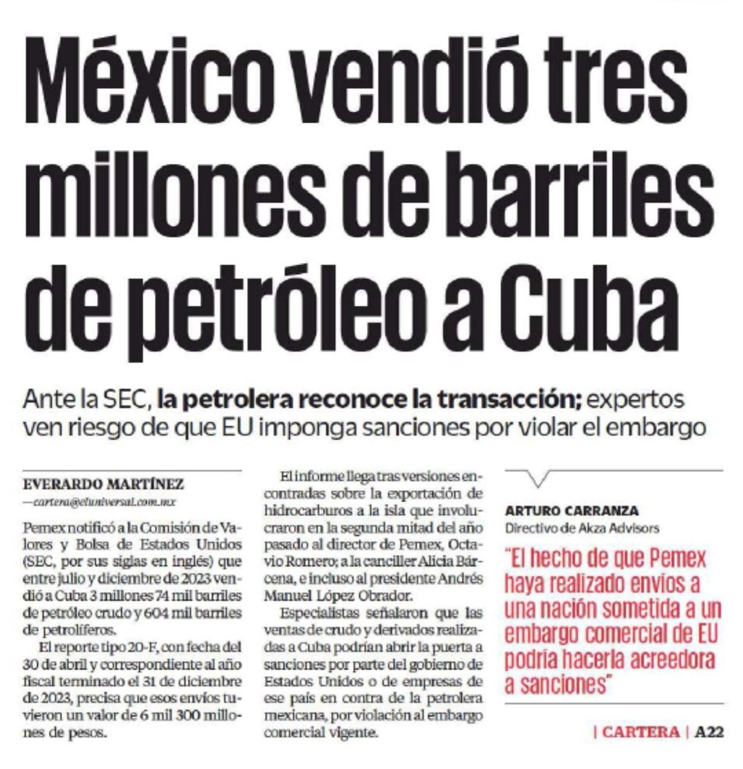 Por órdenes de López Obrador, se 'vendieron' 3 millones de barriles de petróleo a Cuba y se violó el embargo.

No han dicho si fue pagado o no..

Ahora es probable que haya sanciones a México por lo mismo.

Pemex endeudado y el licenciado donando el petróleo..

La 4T va..