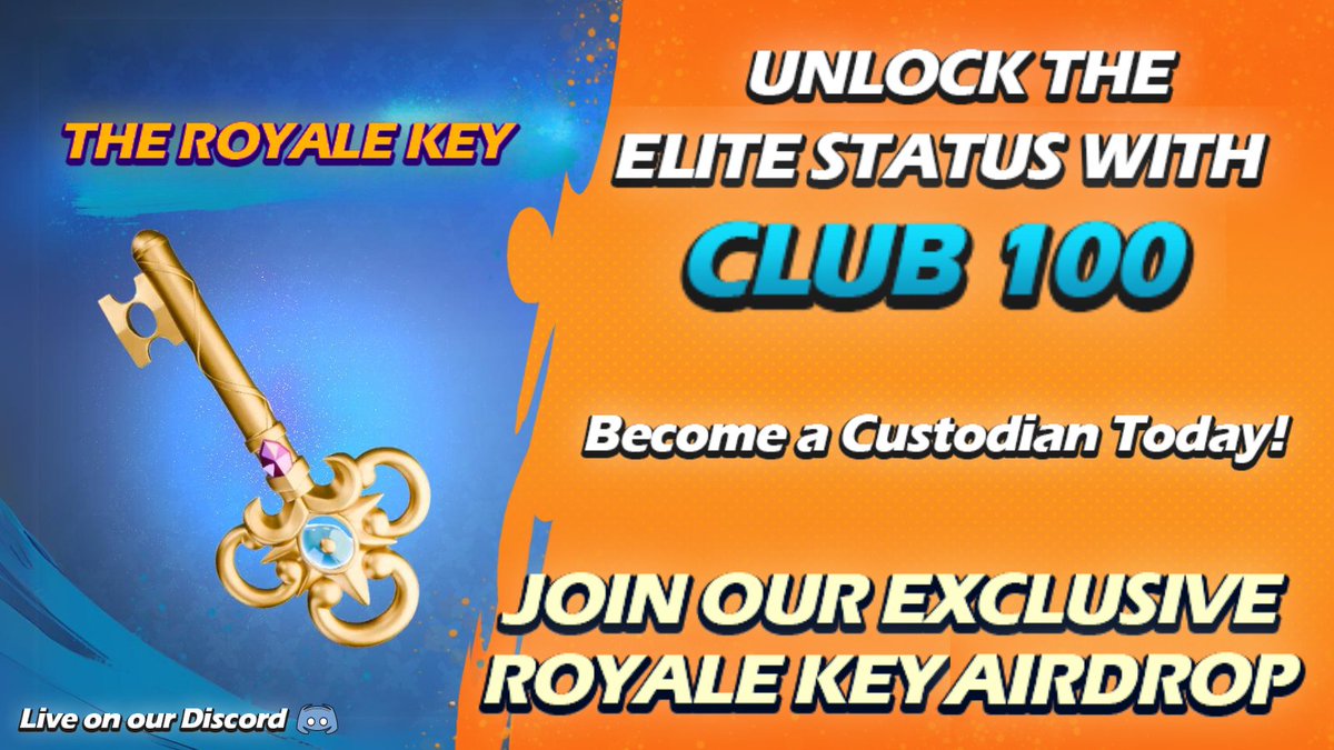 CrownChaserGame's tweet photo. Unlock Elite Status with Club 100! 🗝️ 

Your chance to shine awaits with the Exclusive Royale Key Airdrop for members of Club 100! 

✨ Own 100+ Royale Keys to join this exclusive club and win premium Royale Key #2 to #10!
🎯 Unlock your greatness and join the ranks of the elite! 

🗓️ Deadline: May 12th, 21:45 UTC
👉 Join our Discord and verify your wallet to receive the Airdrop!