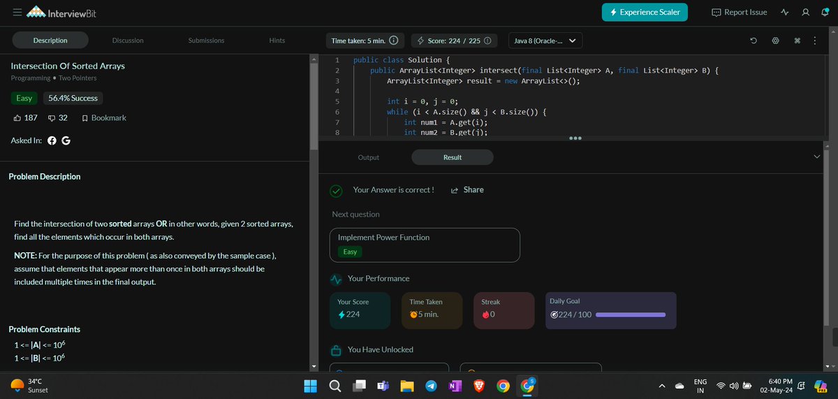 Hey there!

I've completed #Day122 of the #365DysOfCode2024 challenge of @scaler_official

Scale community link: [bit.ly/ScalerDiscord]        

Problem = Intersection Of Sorted Arrays

#scalerdiscord #codewithscaler #365daysofcodescaler #365DaysofCode