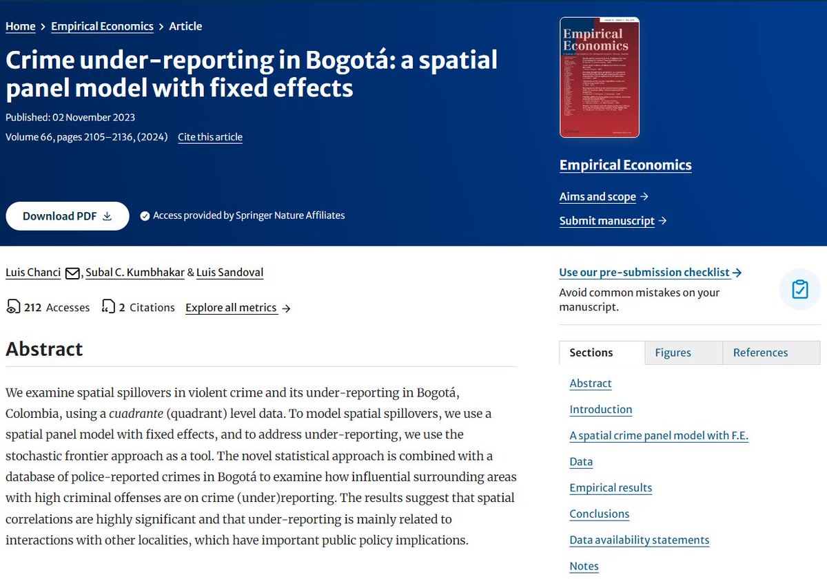 🔓You have free access to this article from Empirical Economics via Springer Nature #SharedIt initiative: Crime under-reporting in Bogotá: a spatial panel model with fixed effects by Luis Chanci, Subal C. Kumbhakar & Luis Sandoval rdcu.be/dFoQV @IHS_Vienna