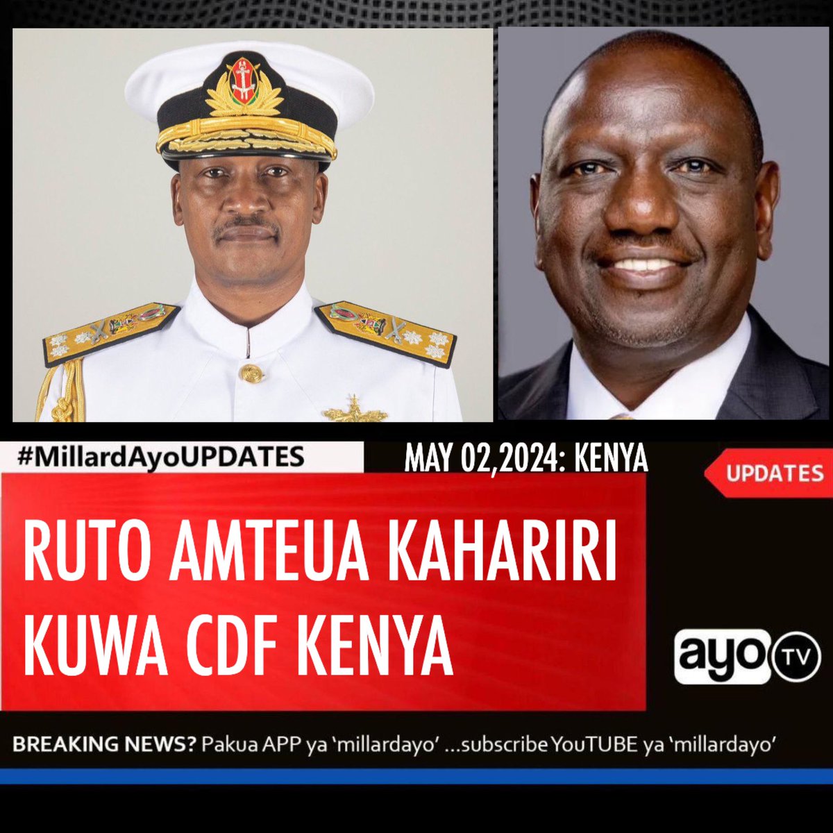 Rais wa Kenya, William Ruto ambaye pia ni Amiri Jeshi Mkuu wa Majeshi ya Ulinzi Nchini Kenya amempandisha cheo Luteni Jenerali Charles Muriu Kahariri kuwa Jenerali na kumteua kuwa Mkuu wa Majeshi ya Ulinzi (CDF) wa Kenya. Uteuzi wa Jenerali Kahariri unakuja Wiki mbili baada ya…