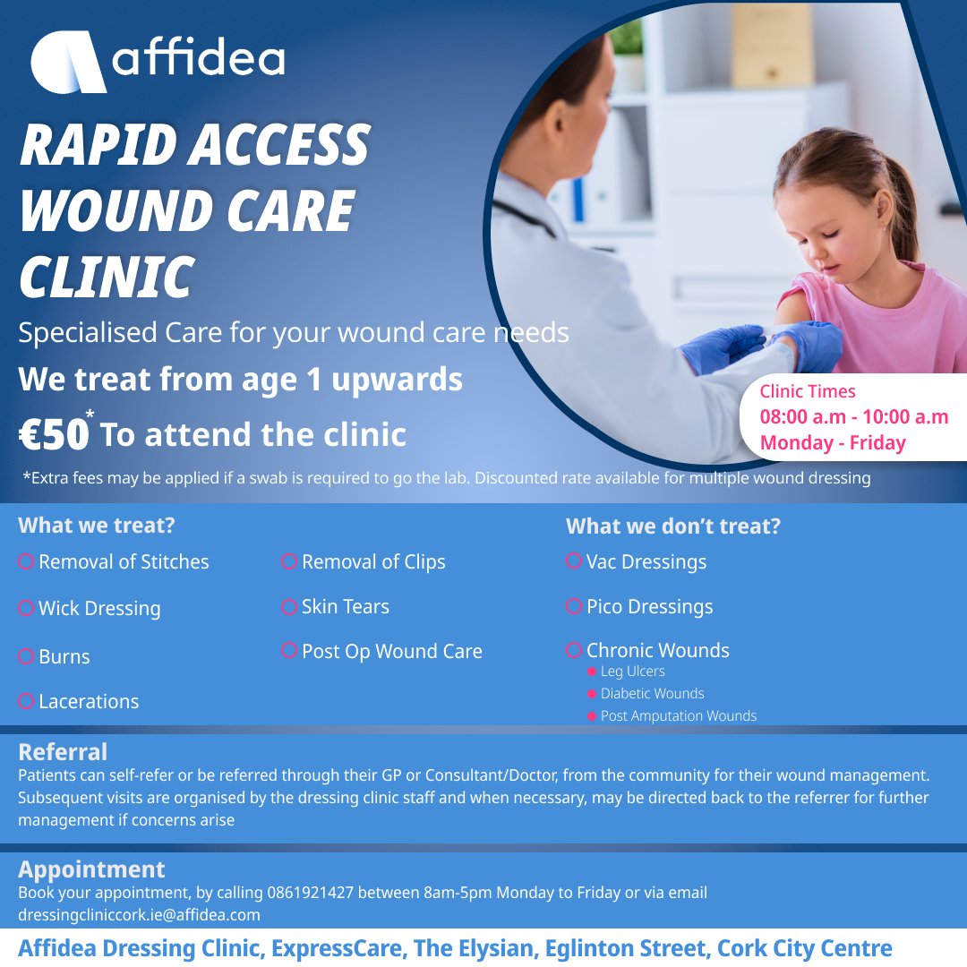 Affidea Cork is delighted to introduce its new Rapid Access Wound/Dressing Care Clinic, a specialised facility, with easy access designed to meet your wound care needs for all ages, starting from 1 year old and upwards. #woundcare #healthcare #dressingcare #woundmanagement