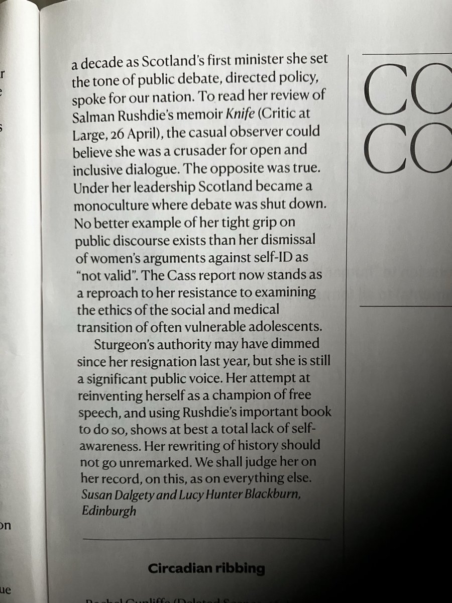 Excellent letter ⁦@NewStatesman⁩ on ⁦@NicolaSturgeon⁩ by ⁦@DalgetySusan⁩ and ⁦@LucyHunterB⁩ - she is not, alas, a champion of free speech and should not have been given ⁦@SalmanRushdie⁩ book to review.