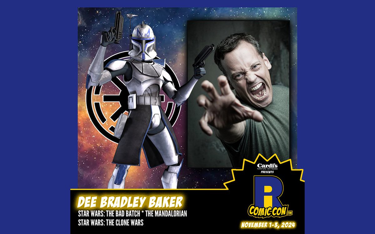 Don't forget @deebradleybaker is coming to #RICC2024! His #StarWars roles include Captain Rex in Star Wars: The Clone Wars and the voice of Bad Batch in Star Wars: The Bad Batch, as well as characters in over 20 other roles in programs & video games! Buy tickets now!