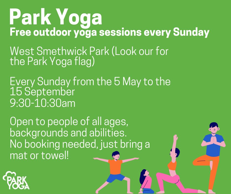 There are free park yoga sessions starting this Sunday at West Smethwick Park! The sessions are open to all abilities and there's no need to book. Just bring your own mat or a towel. For more information visit parkyoga.co