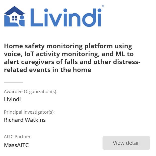 🎉 Excited to celebrate @livindicare as #a2pilotawards winners! Their home safety monitoring platform, using voice, IoT, and ML, helps caregivers detect falls and distress events in the home. Check out their innovative project: bit.ly/48J7AWS #aginginplace #cohort2.