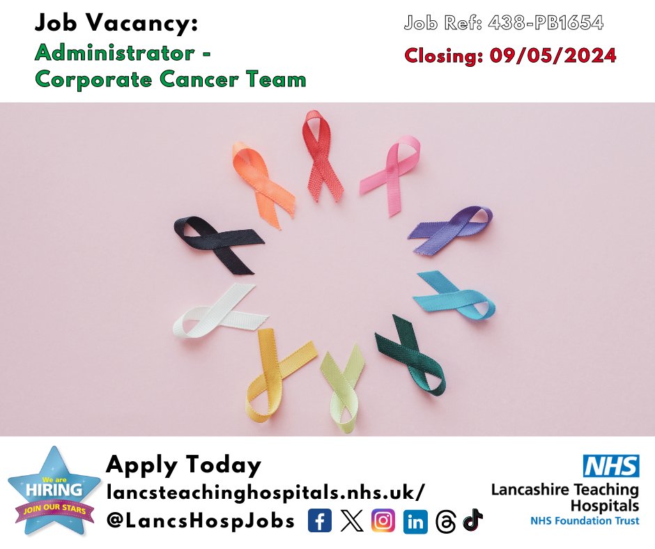 LancsHospJobs's tweet photo. Job Vacancy: #Administrator - Corporate #Cancer Team @LancsHospitals
⏰Closes: 09/05/24
Read more and apply: https://t.co/5vyP7ebA4A
#NHS #NHSjobs #lancashire #Preston #Cancer #CancerTeam #Corporate #Admin https://t.co/DbCbhJvUkJ