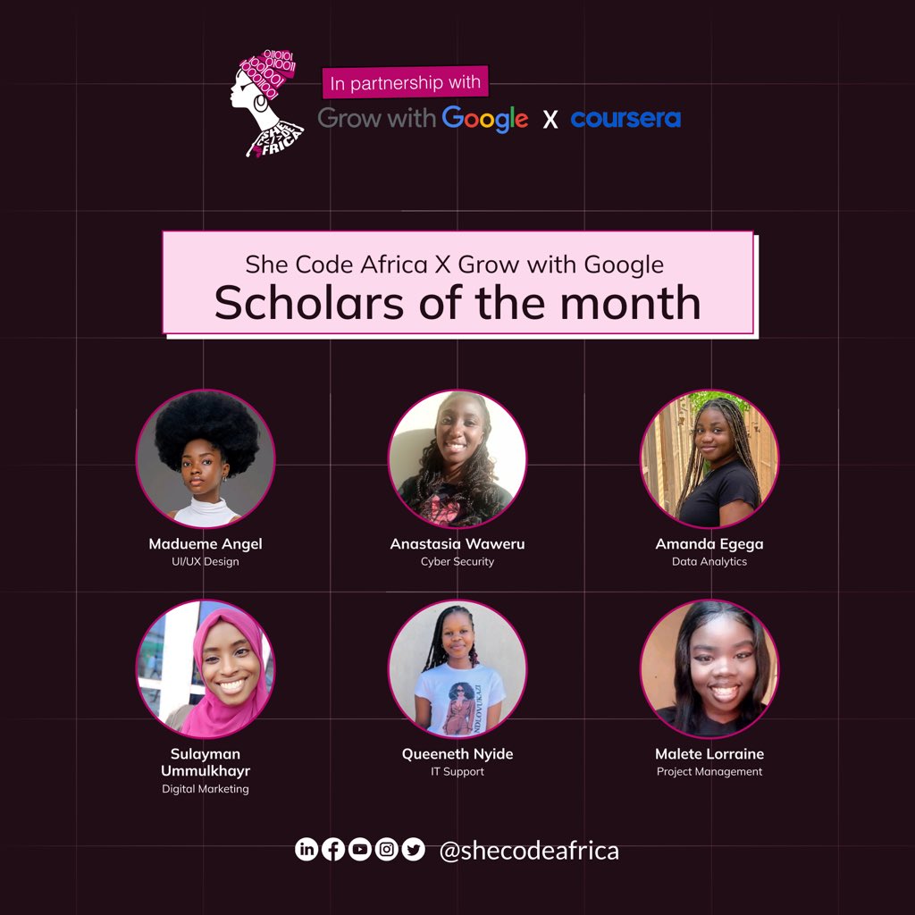 Introducing our GWG Scholars of the Month of April! 💃

Madueme Angel, UI/UX Design. Anastasia Waweru, Cyber Security. Amanda Egega, Data Analytics. Sulayman Ummulkhayr, Digital Marketing. Queeneth Nyide, IT Support. Malete Lorraine, Project Management. 👏👏👏👏👏

Again and…
