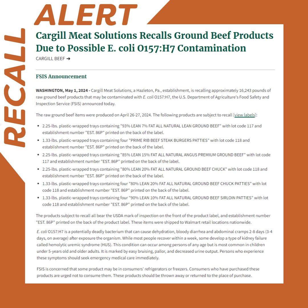 ⚠️RECALL ALERT⚠️ The @USDA's Food Safety and Inspection Services (FSIS), is warning households of a Cargill Meat Solutions voluntary recall of 16,243 pounds of raw ground beef products that may be contaminated with E. coli 0157:H7. Visit conta.cc/3y1XGlN for more info!