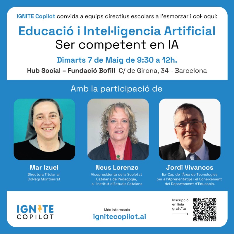 📌Atenció equips directius de centres educatius: ignitecopilot.ai/educacio-i-int…·ligencia-artificial/ 🎓 Dimarts 7 de Maig col·loqui de luxe amb @NewsNeus @MarIzuel @jvivancos a @hubsocialbcn Registre obert, places limitades per rigurós ordre d'inscripció.