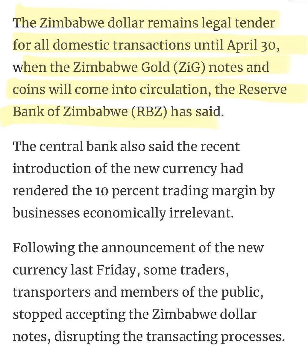 🟣Governor John Mushayavanhu’s reign of confusion continued today as he made yet another U-turn on his Monetary Policy Statement issued barely a month ago. Whereas he had originally announced that the Zimbabwe Dollar and bond notes would circulate until the 30th of April 2024…