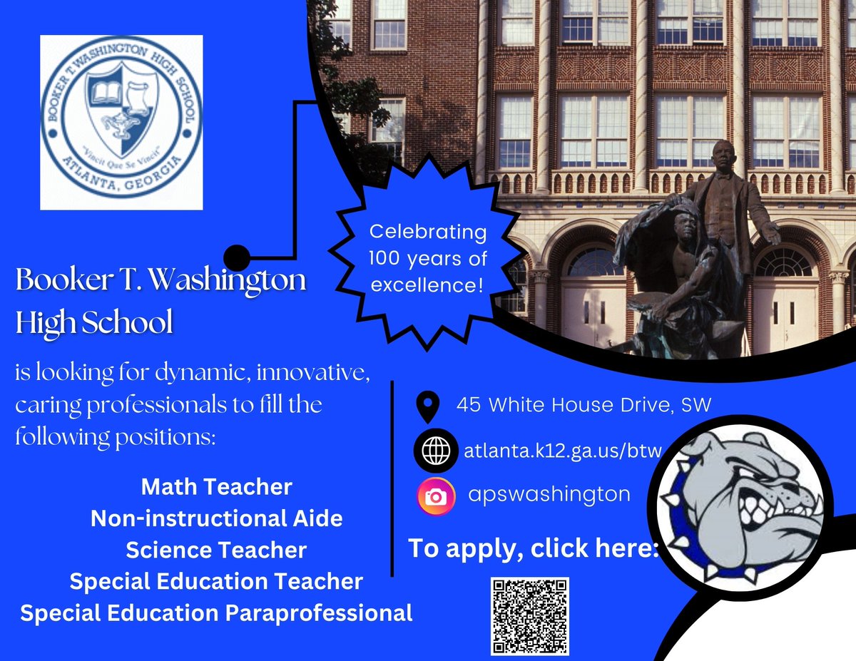 Hey Bulldog Family! WE ARE HIRING! If you are interested, please go to the link below and apply! #WyHi1924 #BulldogPride applitrack.com/atlantapublics…