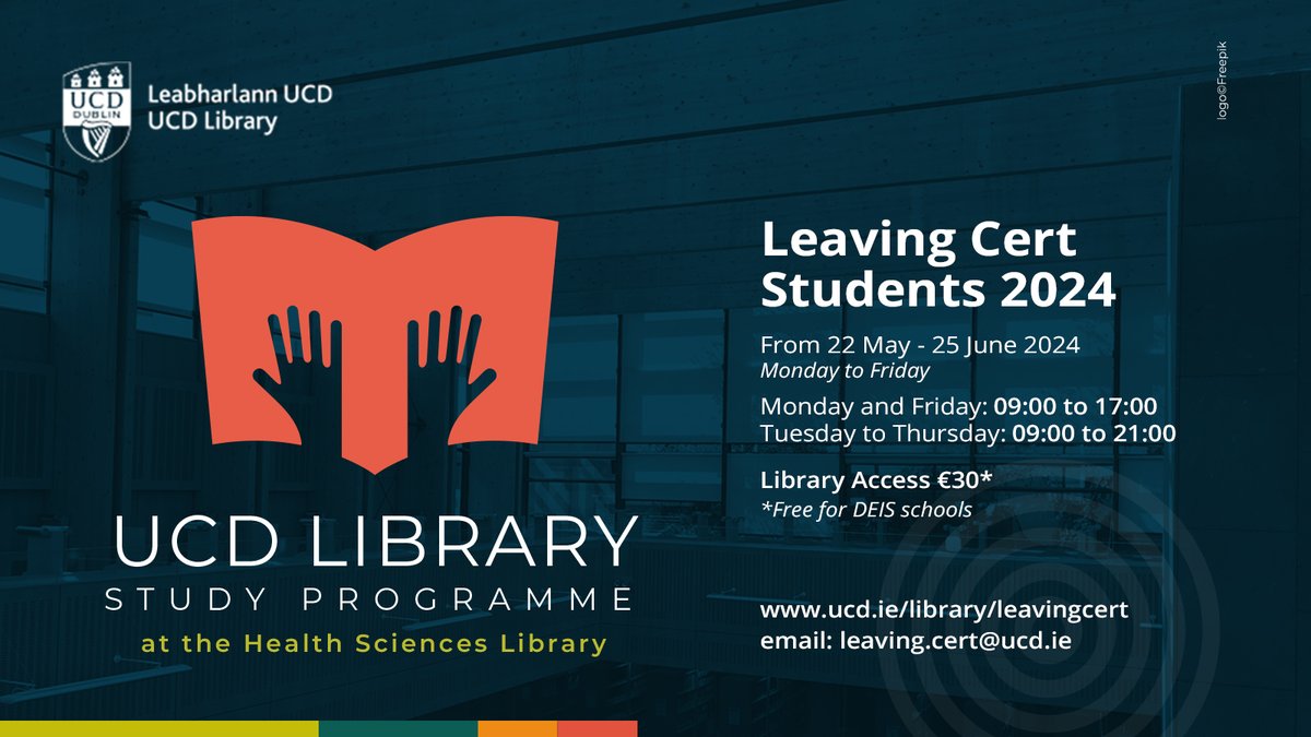 Book your child's spot on the ever-popular Leaving Cert study programme @ucdlibrary's Health Sciences Library. We provide quality study spaces in a quiet, distraction-free environment, essential before and during the #leavingcert exams. For details see: ucd.ie/library/use/le…