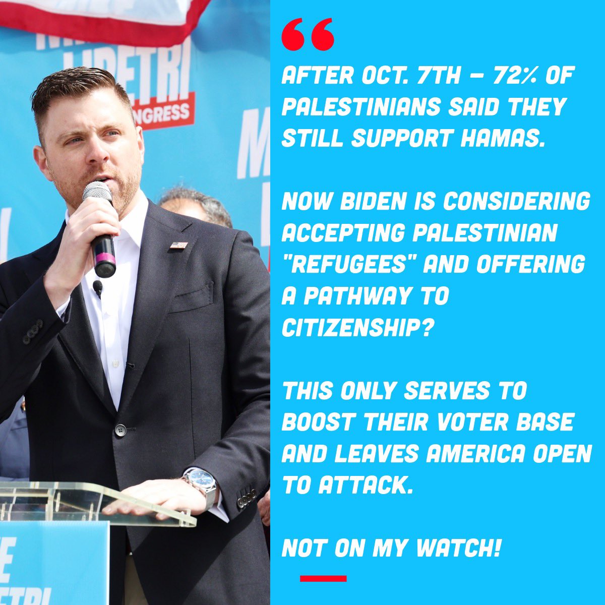 72% of Palestinians said they still support Hamas after the Oct 7th terrorist attack! Now @JoeBiden wants to accept Palestinian refugees and offer a pathway to citizenship? This only serves to boost their voter base and leaves America open to attack. Not on my watch! #NY03