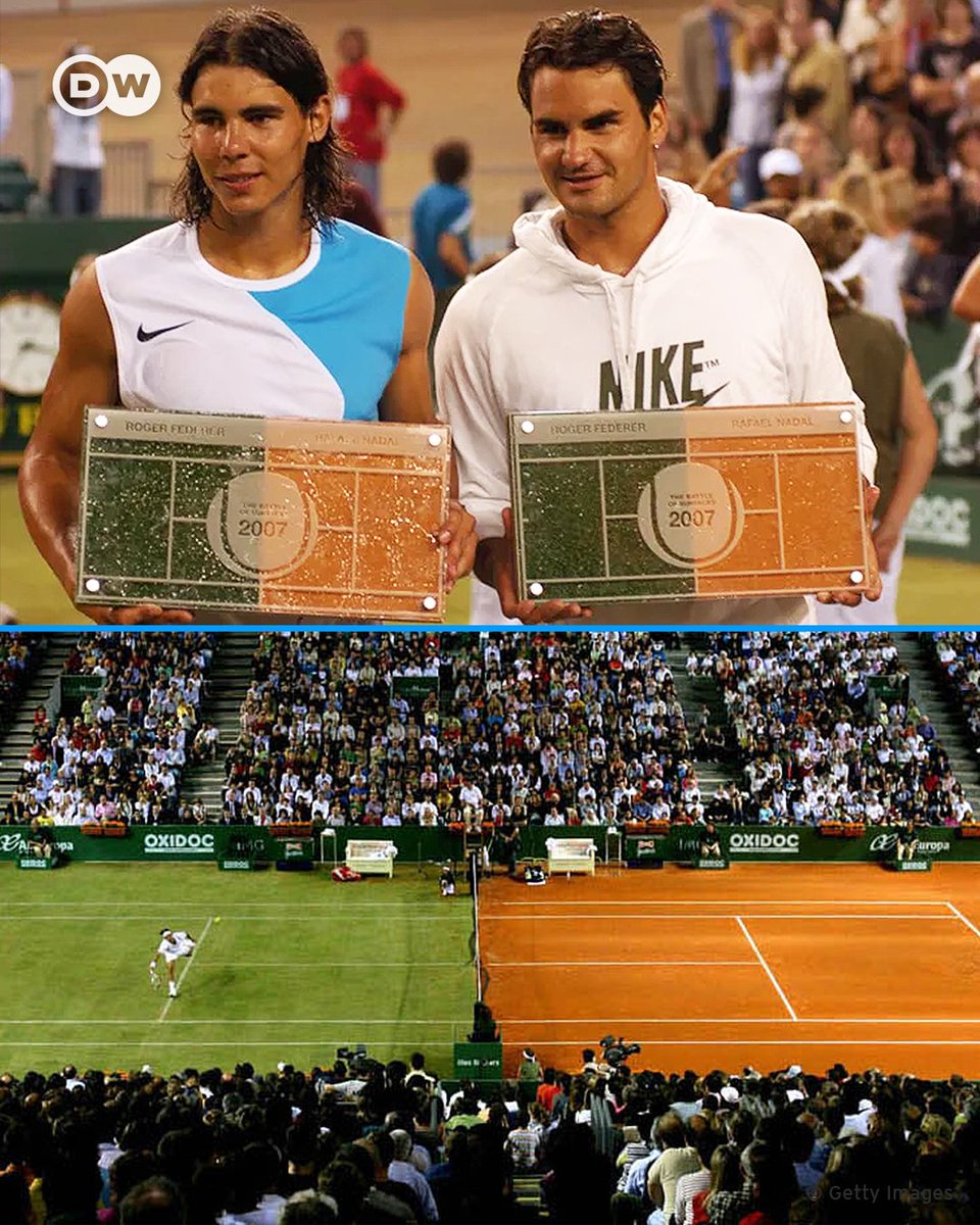 📷 The King of Clay vs The King of Grass 👑 #OTD in 2007, Rafael Nadal and Roger Federer played against each other in 'The Battle of the Surfaces' where the pitch was split into two surfaces, to mark their dominance on each 🎾 GOATed rivalry 🐐🤝