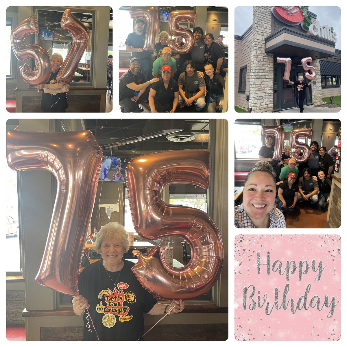 Happy 75th birthday to Julie at #ChilisCleburne! She has worked for this Chilis for 12 years and is THE HOST WITH THE MOST! She is such an amazing team member and the face of Cleburne! She knows everyone in town! #ChilisLove #MakingPeopleFeelSpecial