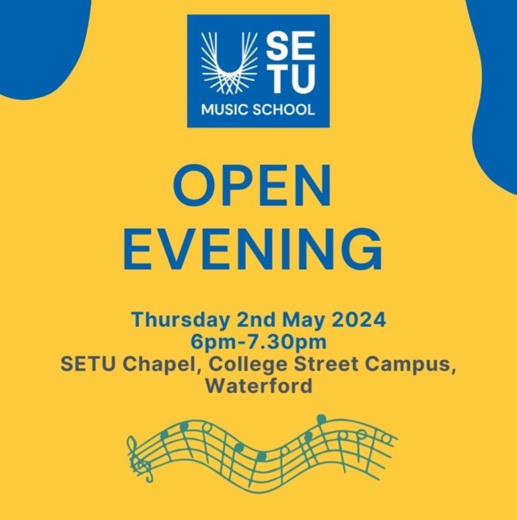 TONIGHT! Come join us for our Open Evening. Performances by our students and staff and meet the instruments that we offer. Find out about our choirs and orchestras too! 6:00-7:30pm at @SETUIreland Chapel, College Street Campus, Waterford. See you there! 🎶