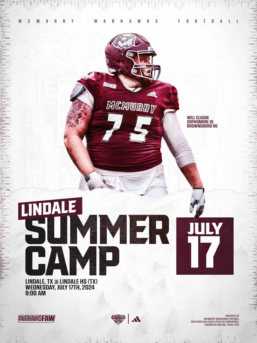 Who’s ready to come get this werk!!!??? McMurry Football Summer Camps: - Abilene (McMurry), Mon July 15 - Arlington (Bowie HS), Tues July 16 - Richardson (Berkner HS), Tues July 16 - Lindale (Lindale HS), Wed July 17 apply.mcm.edu/register/2024f… #WarHawksFAW