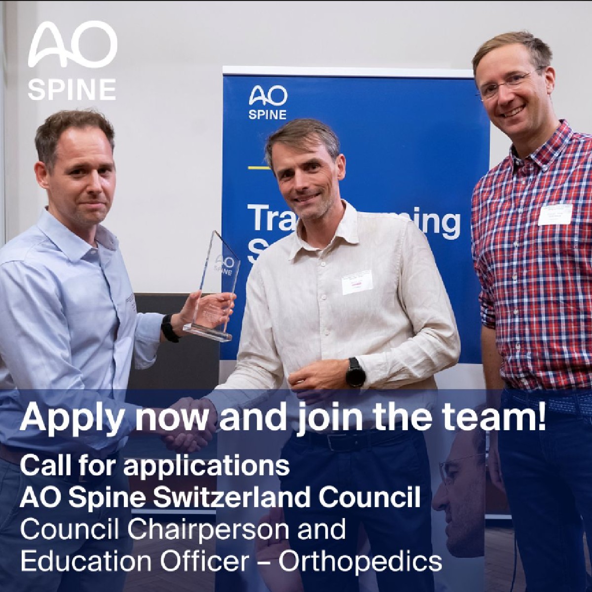 **Call for applications—AO Spine Switzerland Council**
We are seeking candidates for the prestigious positions of Council Chairperson and Education Officer – Orthopedics.
If you fill the eligibility criteria, submit via the application system by May 21 🔗 brnw.ch/21wJoGE