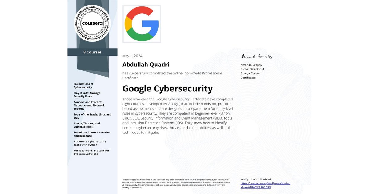 I’m happy to share that I Just completed my completed the Google cybersecurity on Coursera 🎉🚀

I'm eager to contribute to making cyberspace safer. Ready for new challenges and excited to make a positive impact in the cybersecurity landscape!

#Cybersecurity #Google #Coursera
