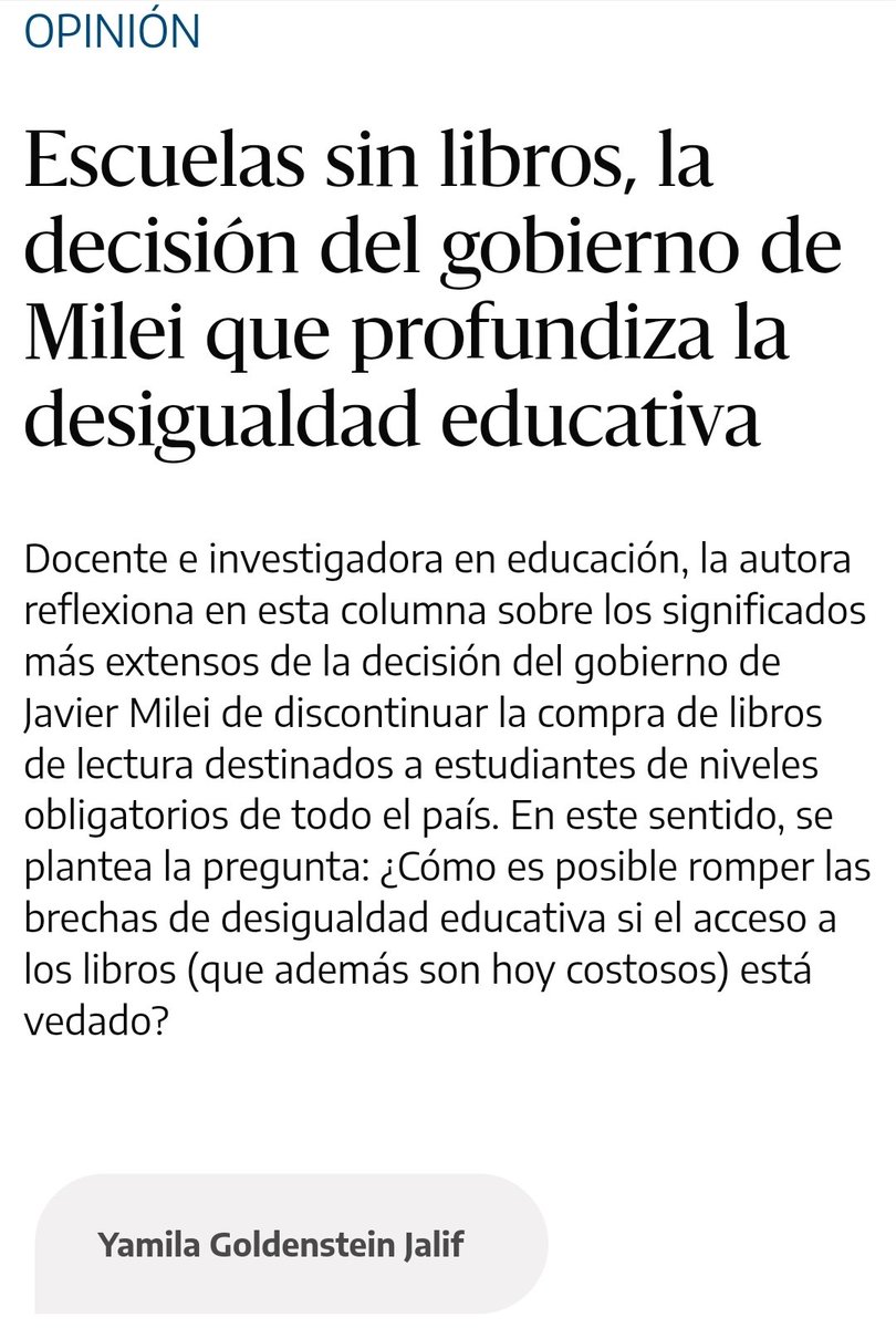 Escribí en @elDiarioAR sobre las escuelas sin libros: la decisión del gobierno de Milei que profundiza la desigualdad educativa. eldiarioar.com/129_acf3c7?utm…