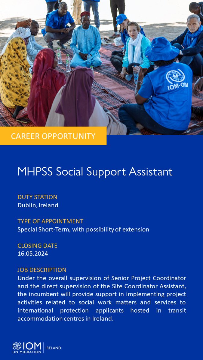 🔎IOM Ireland is hiring! MHPSS Social Support Assistant. Apply here 👉shorturl.at/DW167 #JoinOurTeam #joinIOM #jobopportunity