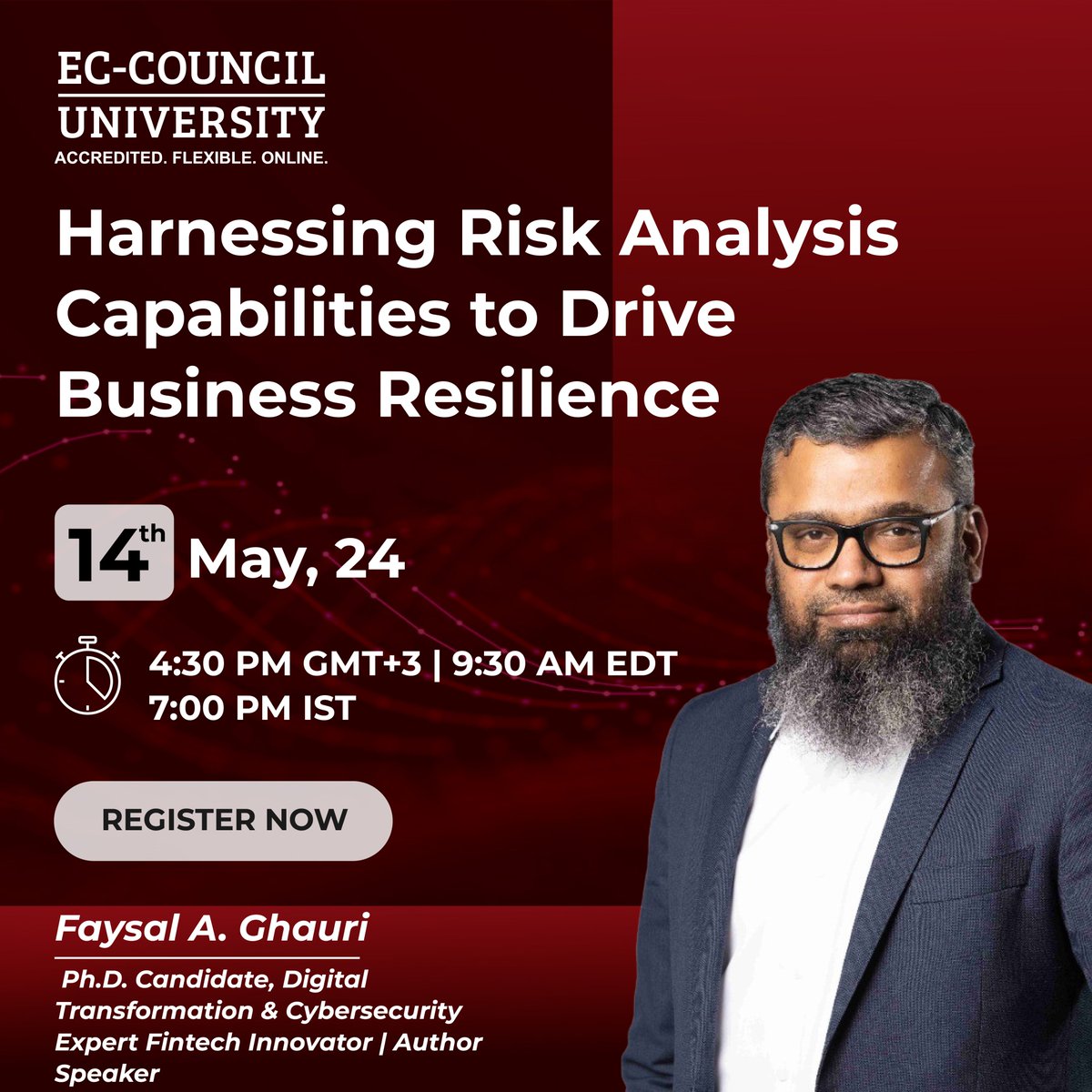 Learn how to implement comprehensive #RiskAnalysis frameworks within organizations in this #Webinar with Faysal A. Ghauri. 

Register now: tinyurl.com/4e6drbxp

#ECCU #Cybersecurity #BusinessResilience #CyberThreats #RiskIntelligence #RiskMitigation #CybersecurityStrategy